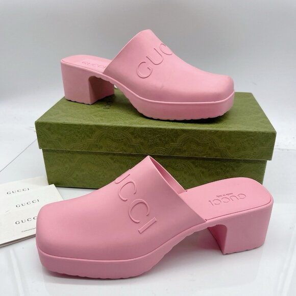 Gucci Logo Rubber Platform Heel Clogs Mules Slip On 725899 Pink Wms EU 39 US 9 - Picture 3 of 14